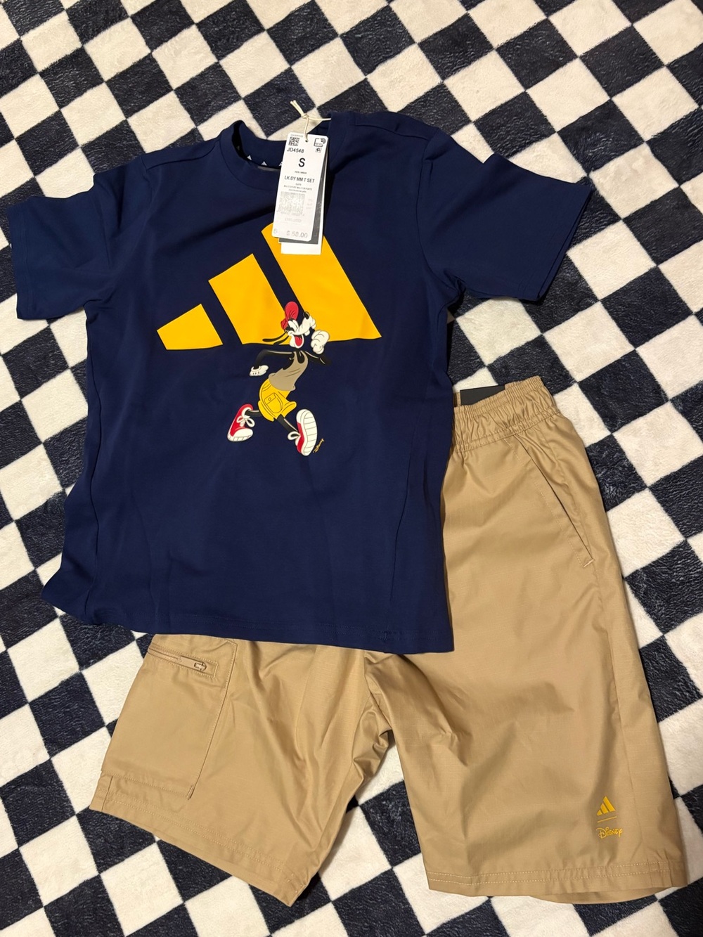 Adidas Navy Disney Goofy Graphic Tee & Khaki Athletic Shorts Set